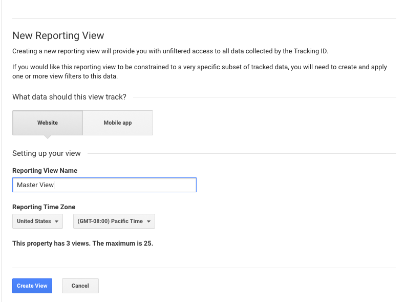 Create new reporting view Google Analytics